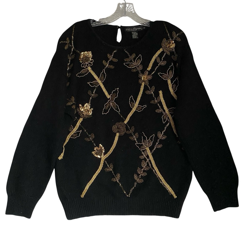 Vintage Silk Angora Wool Sweater Women 1X Black Beaded Embroidered Glam 90s